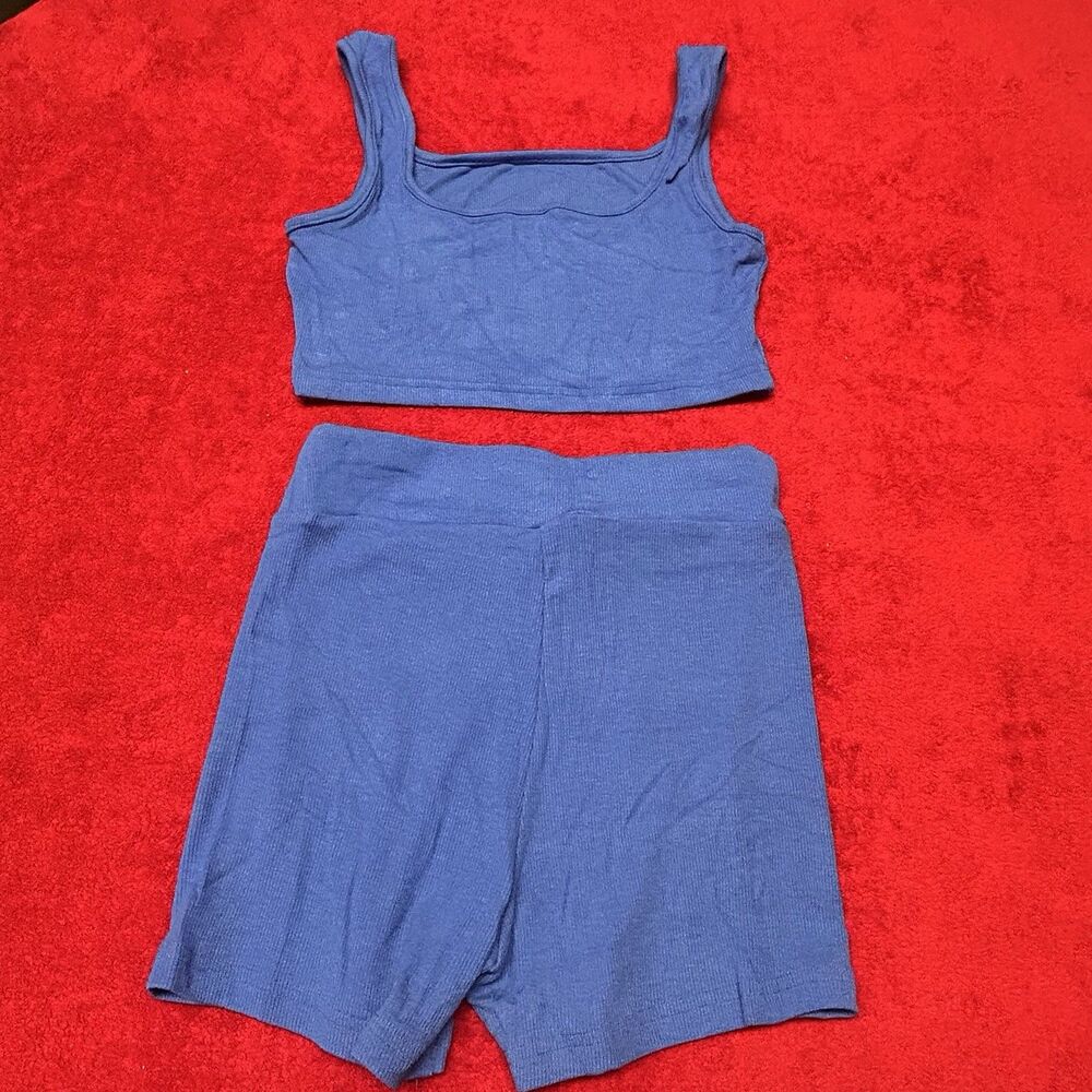 Blue Ribbed Lounge Set Crop Tank Shorts Co Ord XS - Picture 8 of 9
